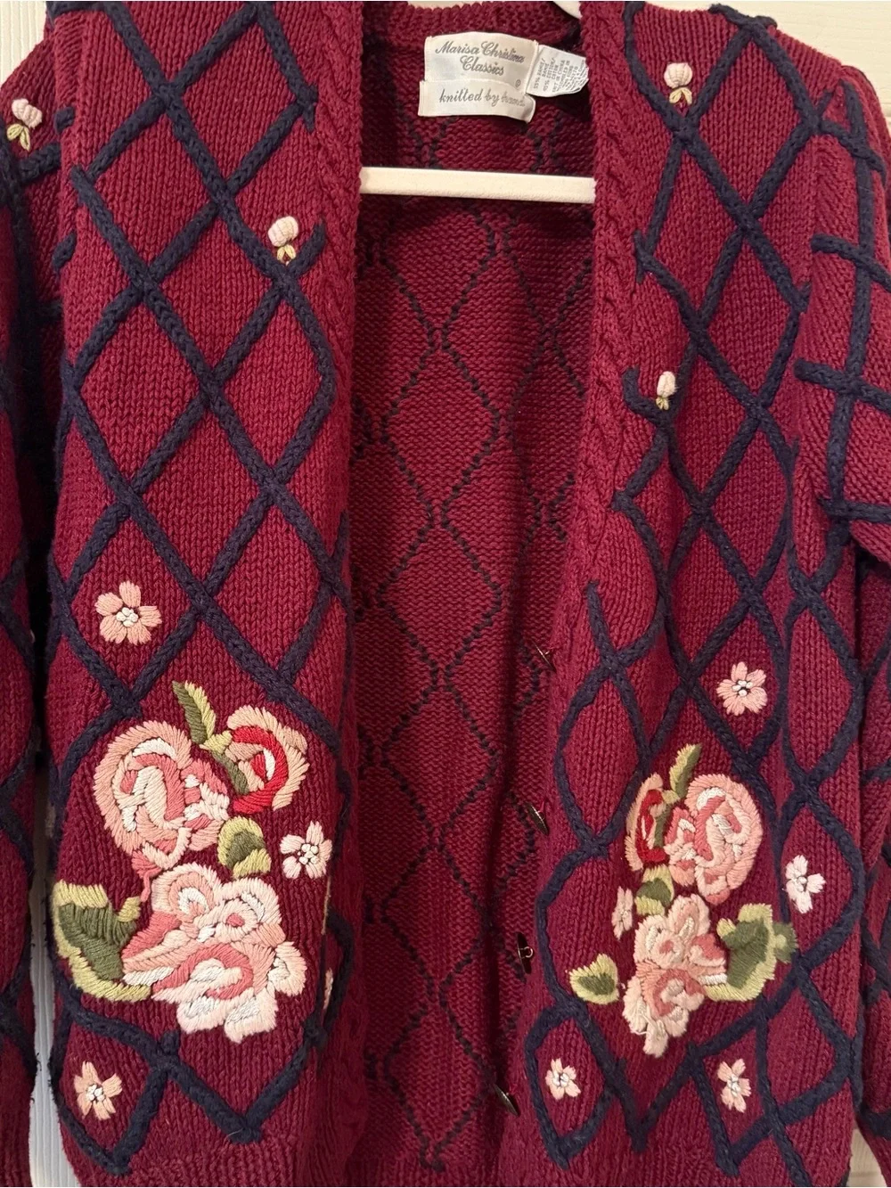 Marisa Christina Burgundy Open-Front Embroidered Floral Cardigan whimsical